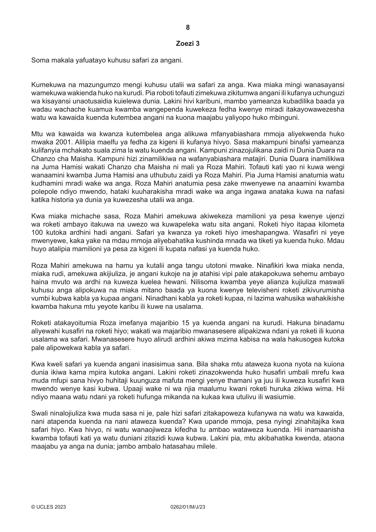 Cambridge IGCSE Swahili 0262 2023 May/June Paper 1 · Variant 0 question paper, page 8 of 16