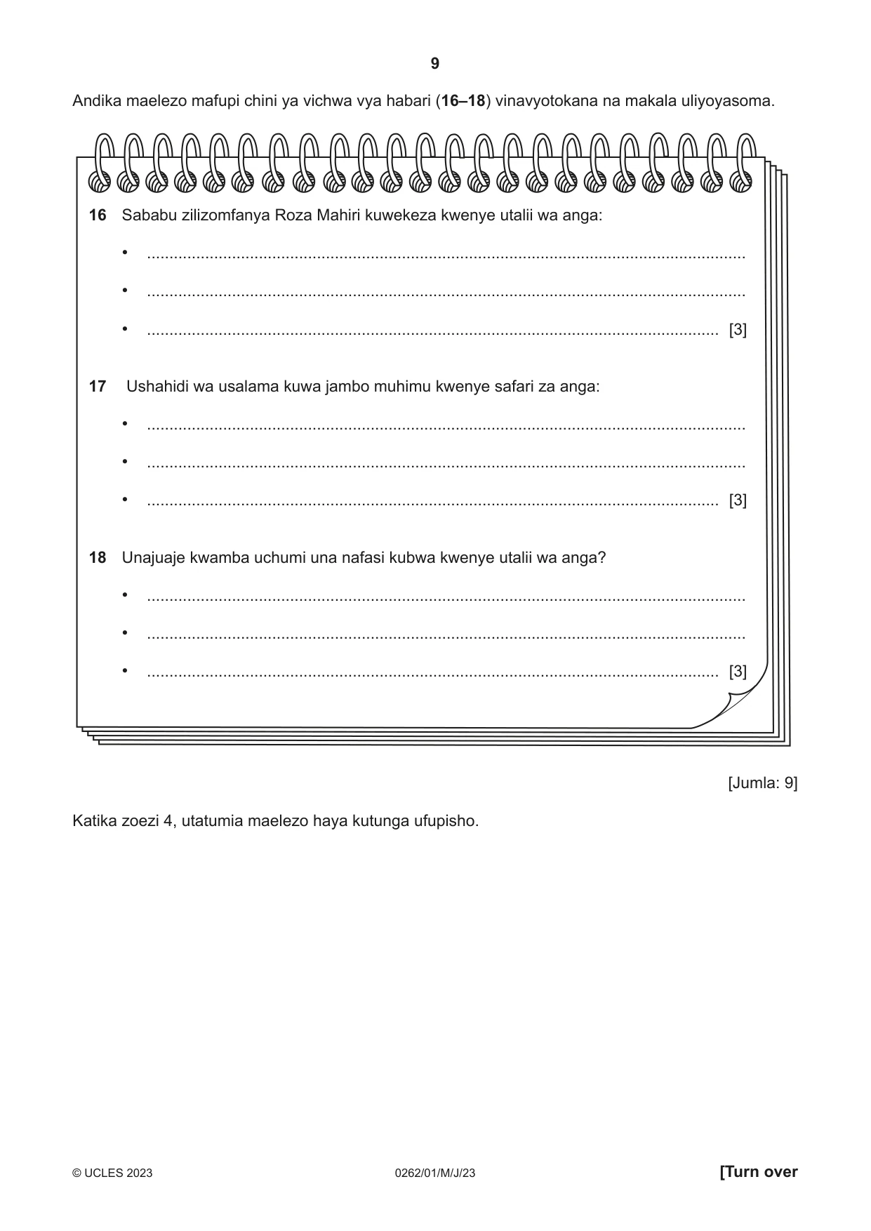 Cambridge IGCSE Swahili 0262 2023 May/June Paper 1 · Variant 0 question paper, page 9 of 16