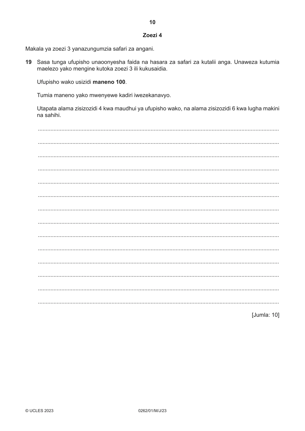 Cambridge IGCSE Swahili 0262 2023 May/June Paper 1 · Variant 0 question paper, page 10 of 16