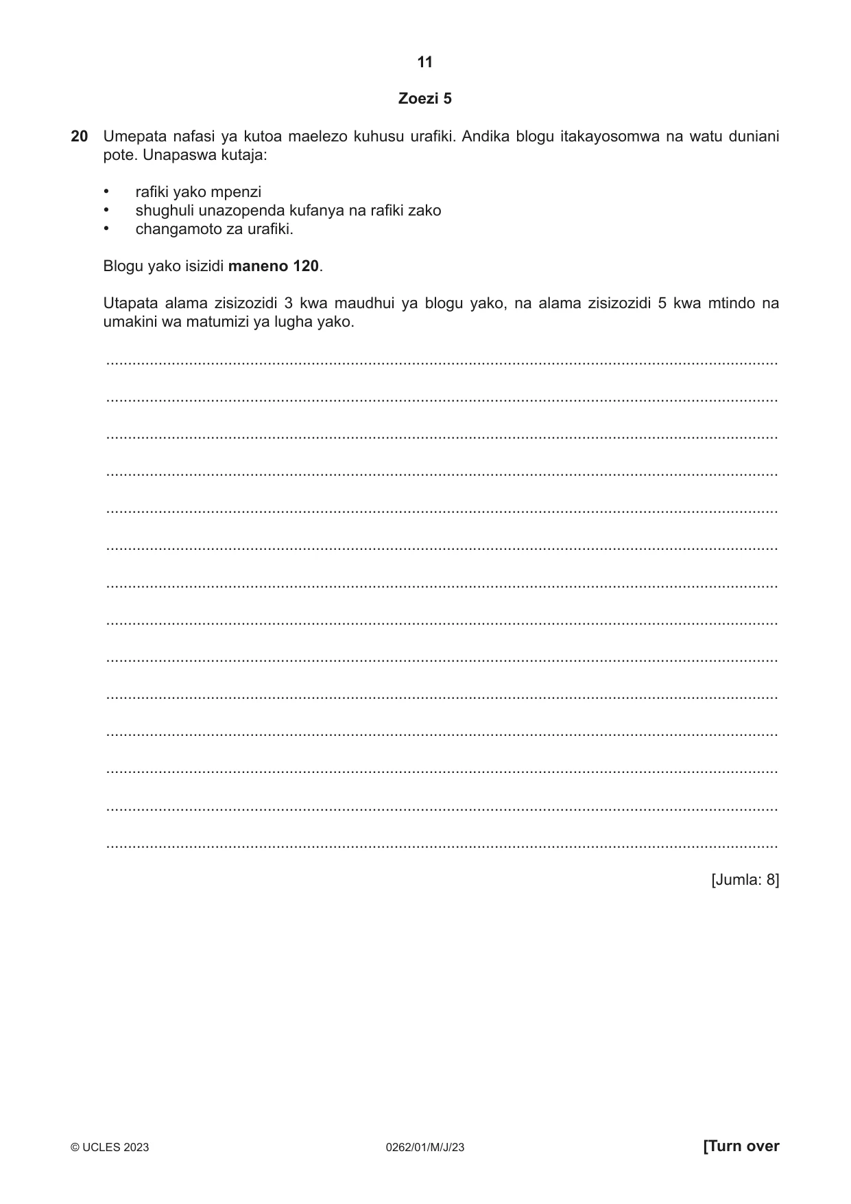 Cambridge IGCSE Swahili 0262 2023 May/June Paper 1 · Variant 0 question paper, page 11 of 16