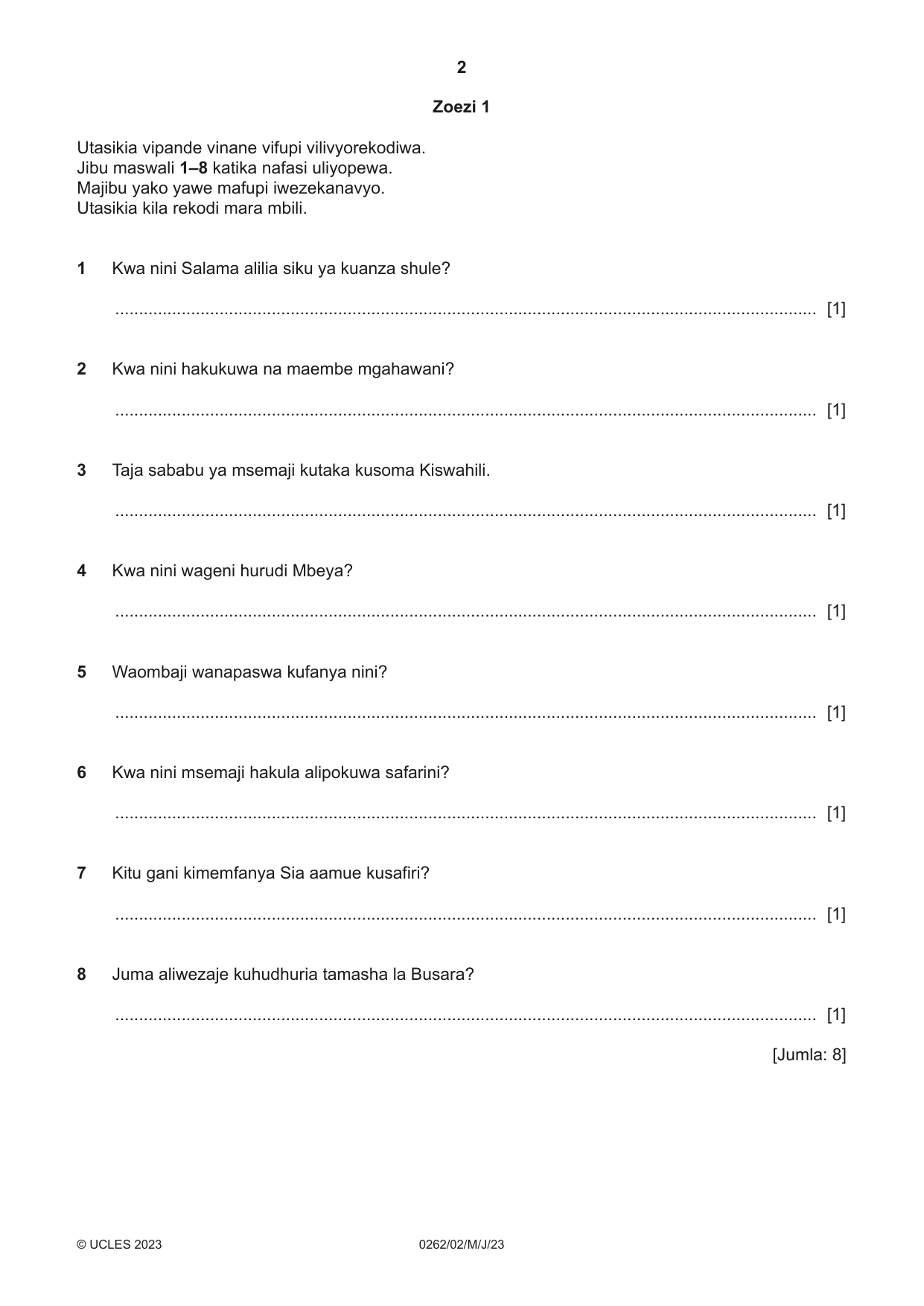 Cambridge IGCSE Swahili 0262 2023 May/June Paper 2 · Variant 0 question paper, page 2 of 8