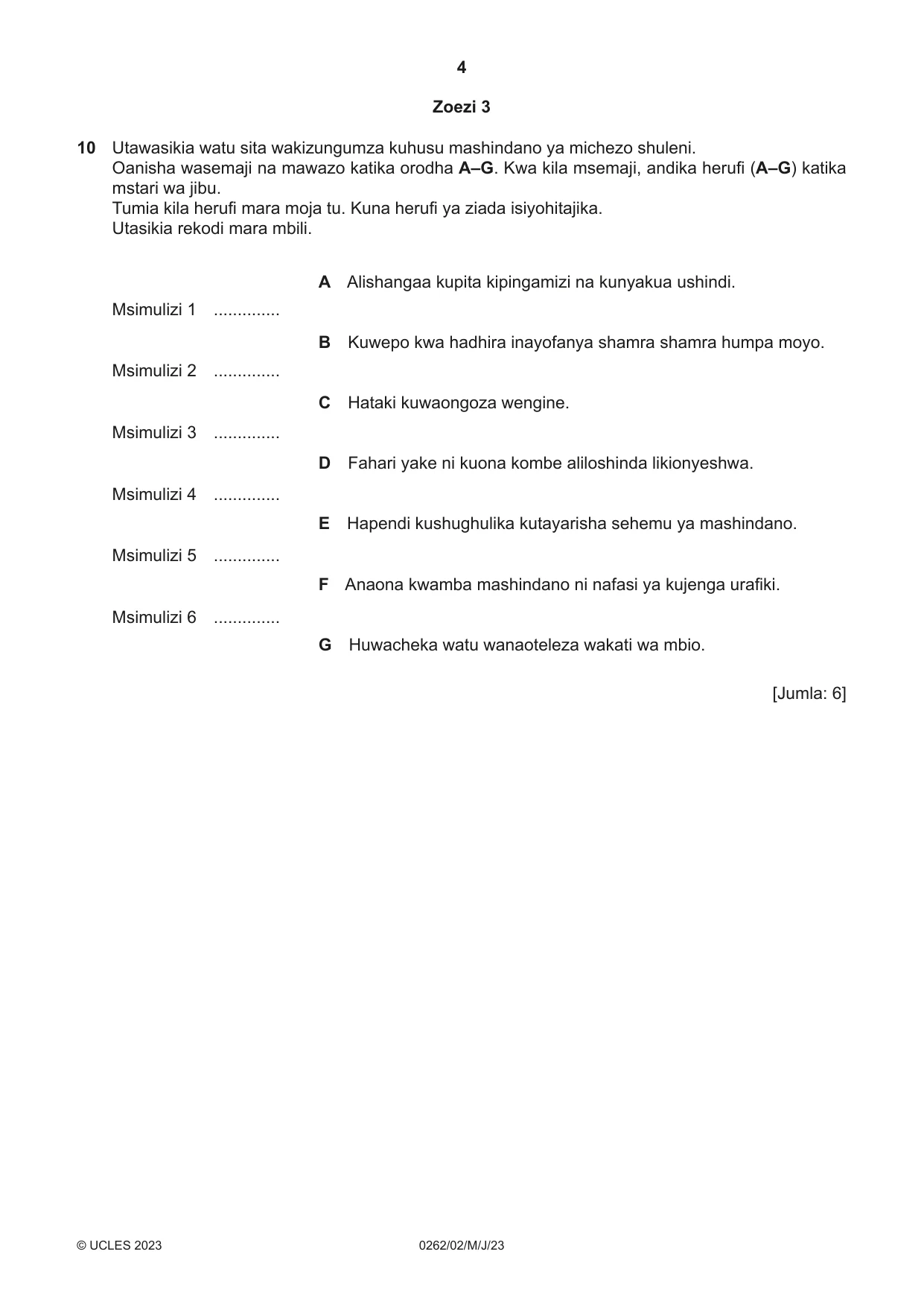 Cambridge IGCSE Swahili 0262 2023 May/June Paper 2 · Variant 0 question paper, page 4 of 8