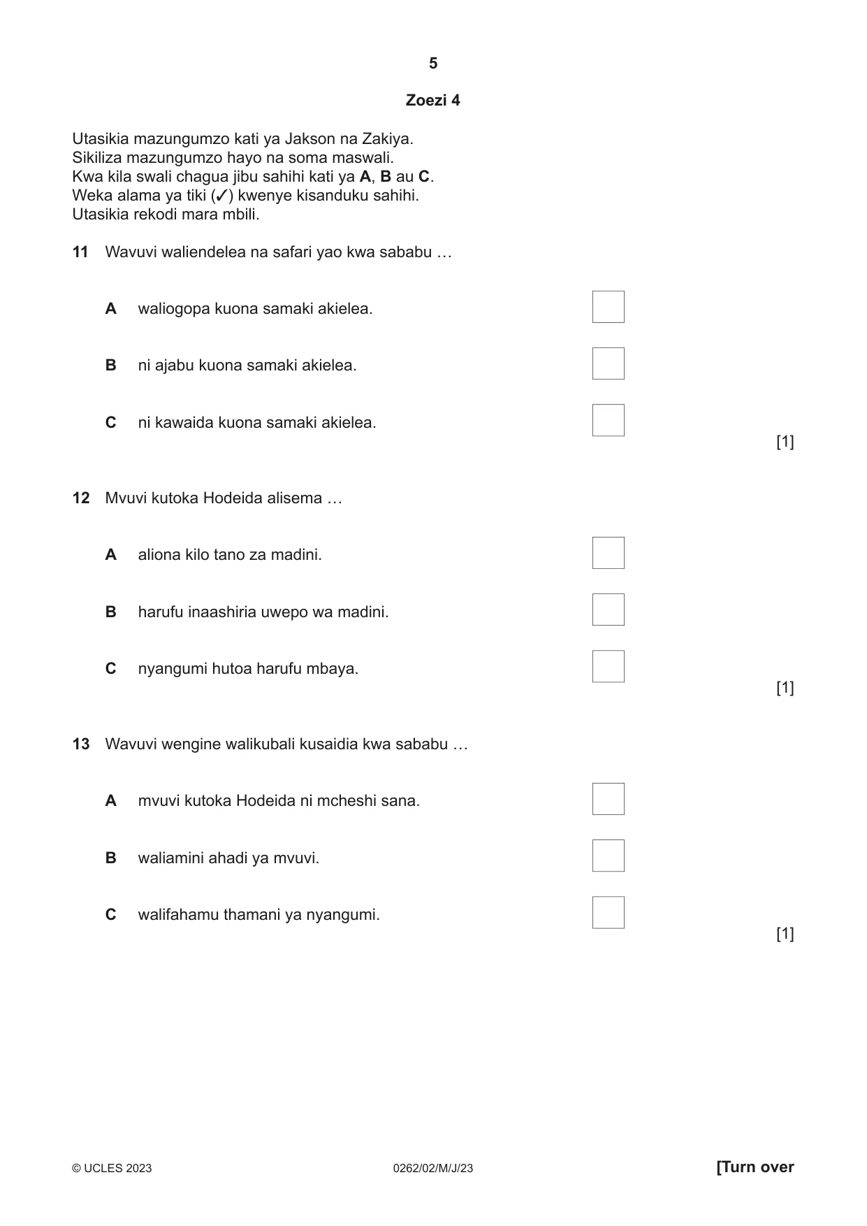 Cambridge IGCSE Swahili 0262 2023 May/June Paper 2 · Variant 0 question paper, page 5 of 8