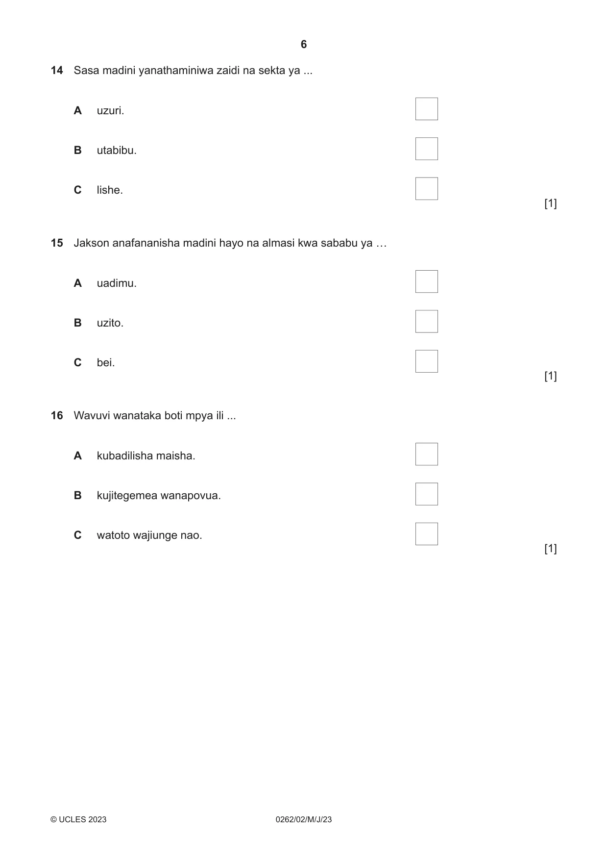 Cambridge IGCSE Swahili 0262 2023 May/June Paper 2 · Variant 0 question paper, page 6 of 8