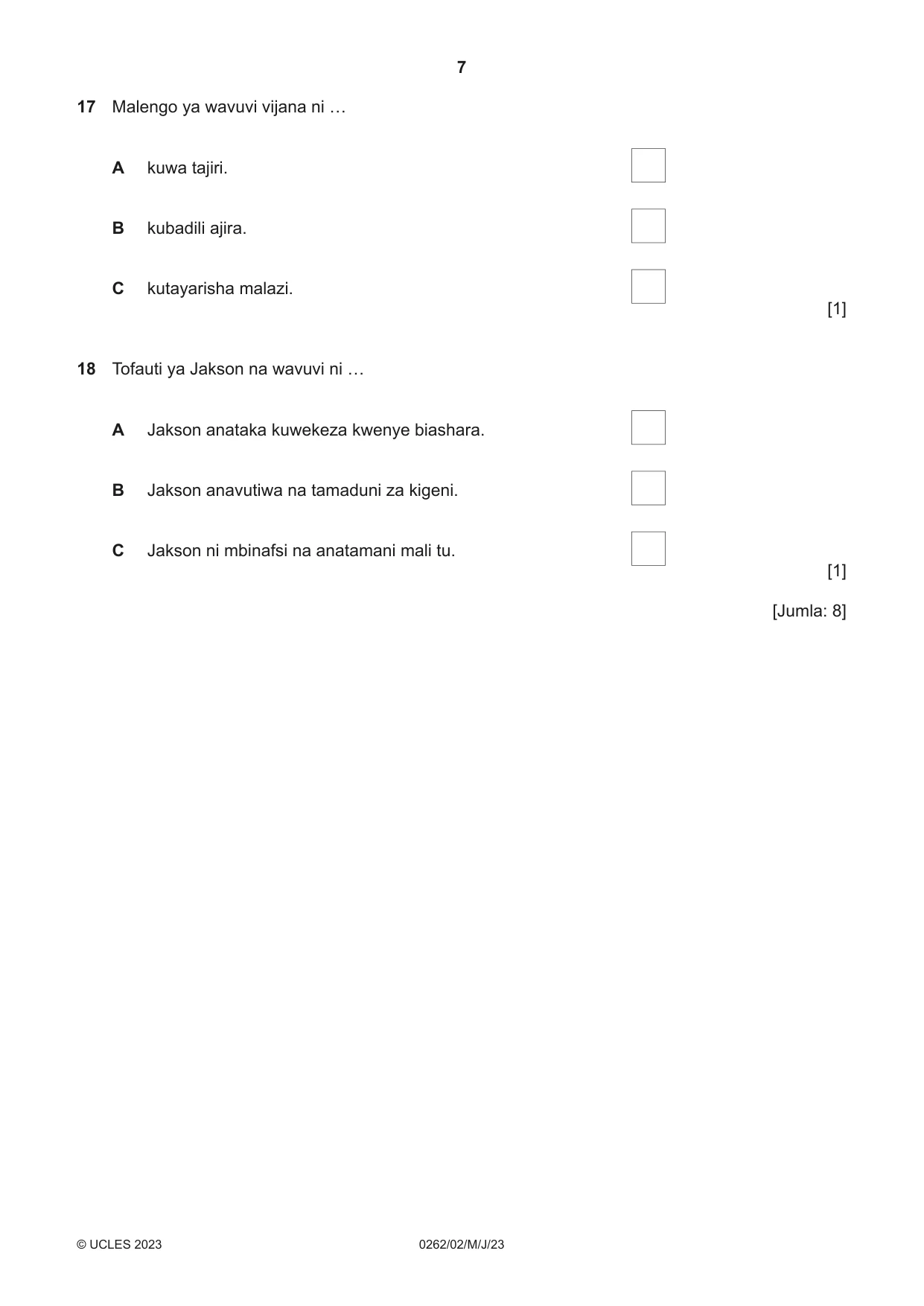Cambridge IGCSE Swahili 0262 2023 May/June Paper 2 · Variant 0 question paper, page 7 of 8