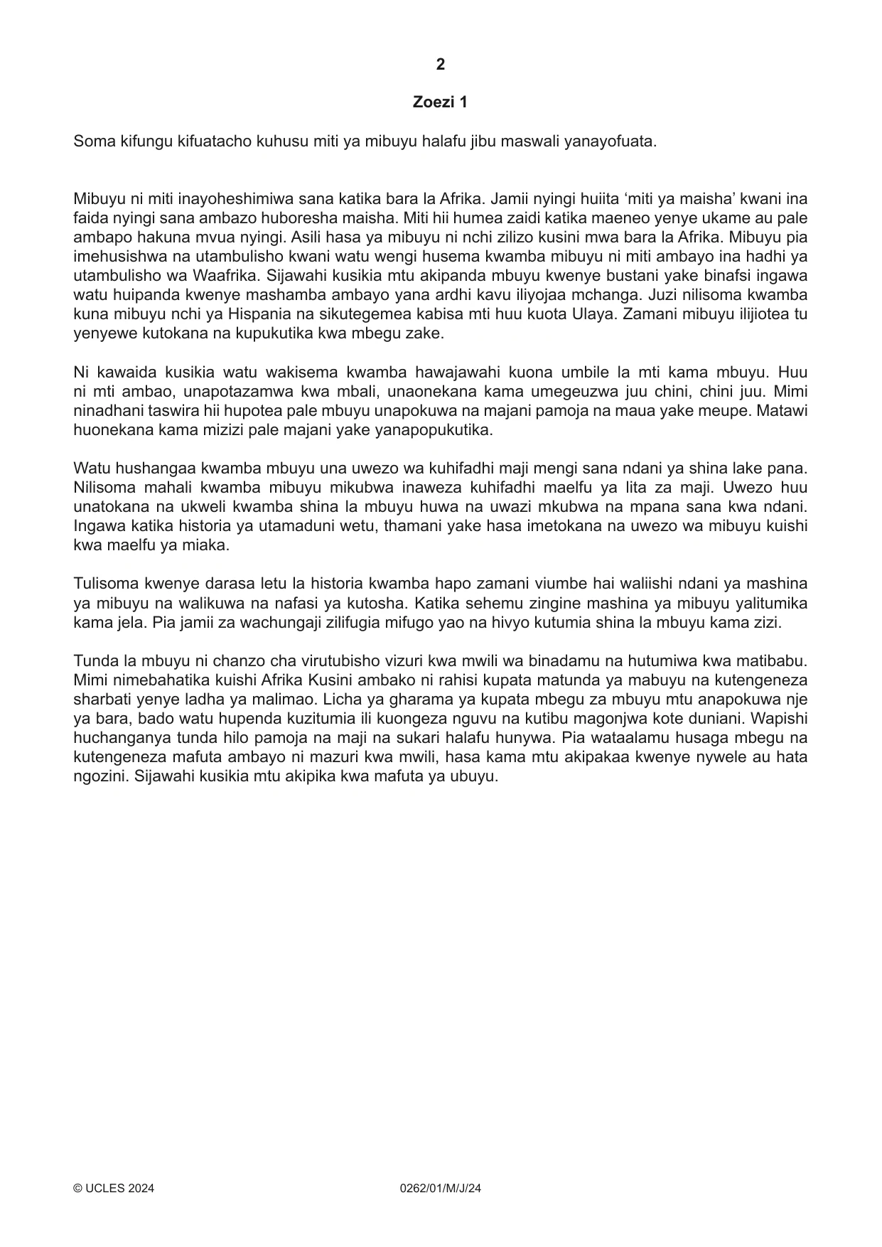 Cambridge IGCSE Swahili 0262 2024 May/June Paper 1 · Variant 0 question paper, page 2 of 16