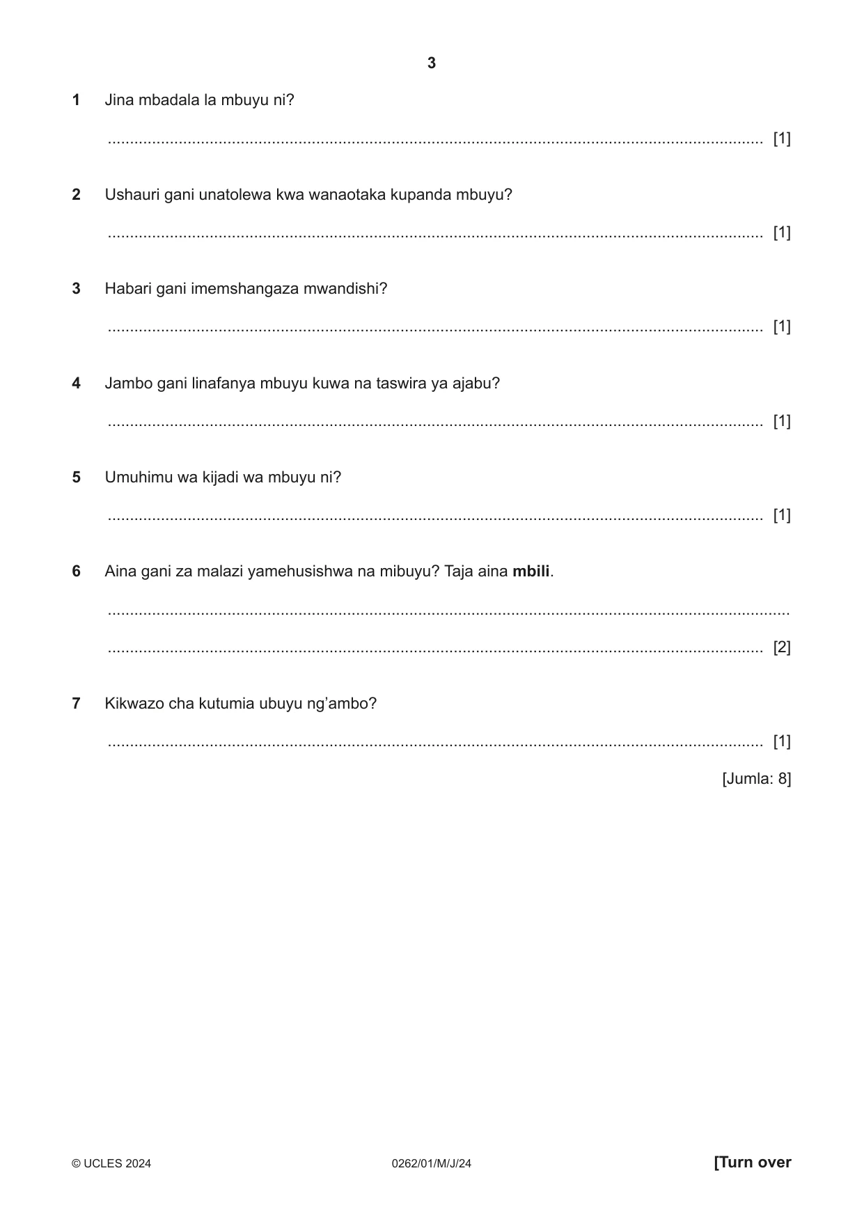 Cambridge IGCSE Swahili 0262 2024 May/June Paper 1 · Variant 0 question paper, page 3 of 16