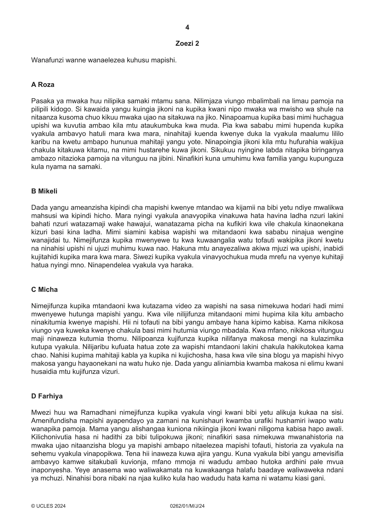 Cambridge IGCSE Swahili 0262 2024 May/June Paper 1 · Variant 0 question paper, page 4 of 16