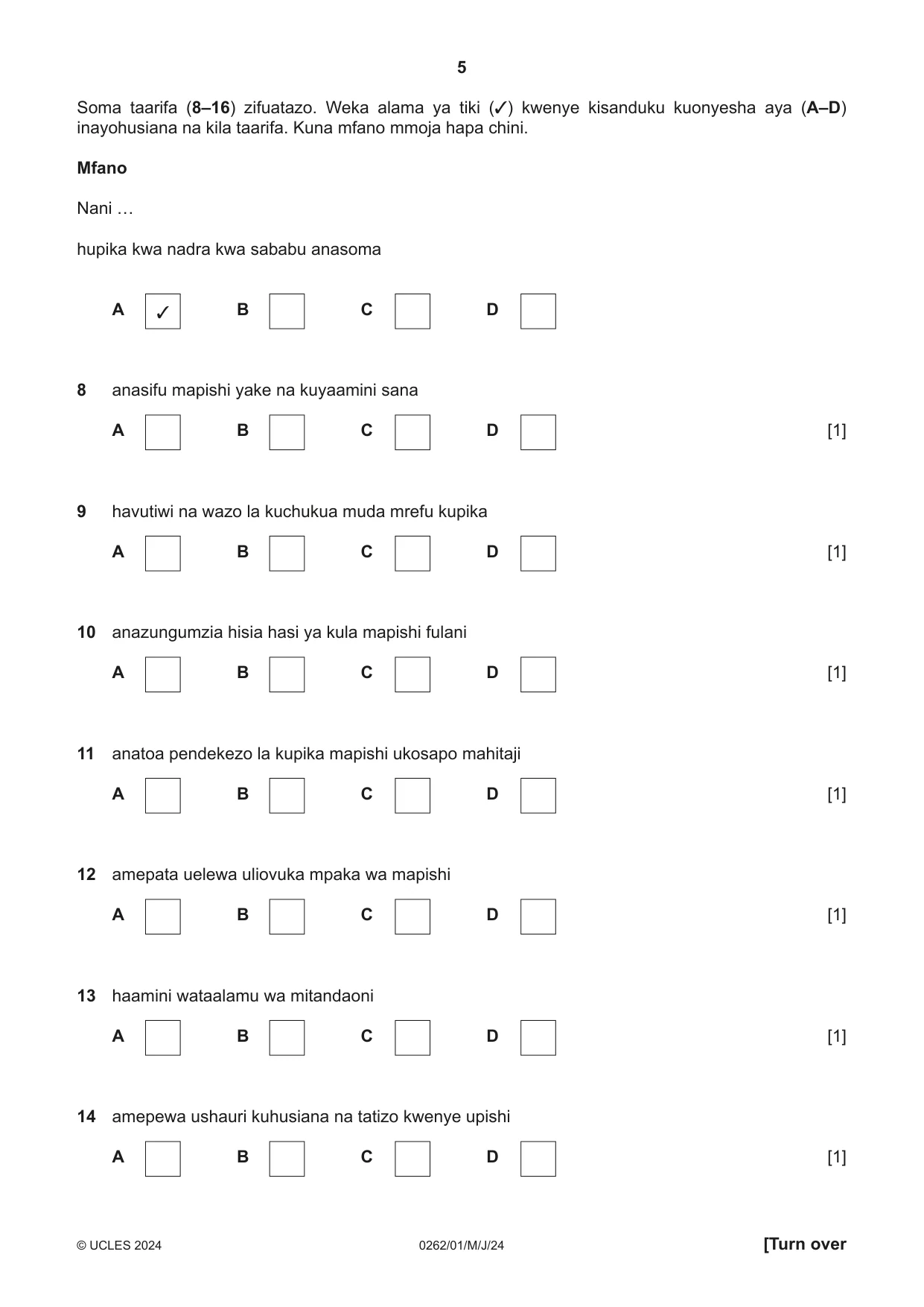 Cambridge IGCSE Swahili 0262 2024 May/June Paper 1 · Variant 0 question paper, page 5 of 16