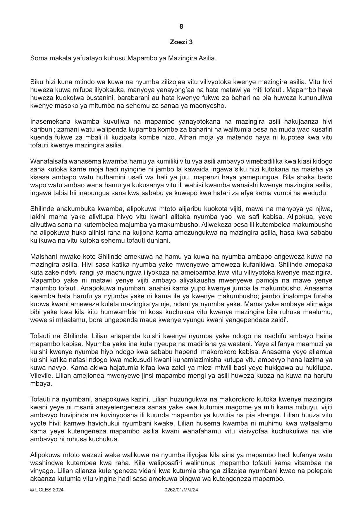 Cambridge IGCSE Swahili 0262 2024 May/June Paper 1 · Variant 0 question paper, page 8 of 16