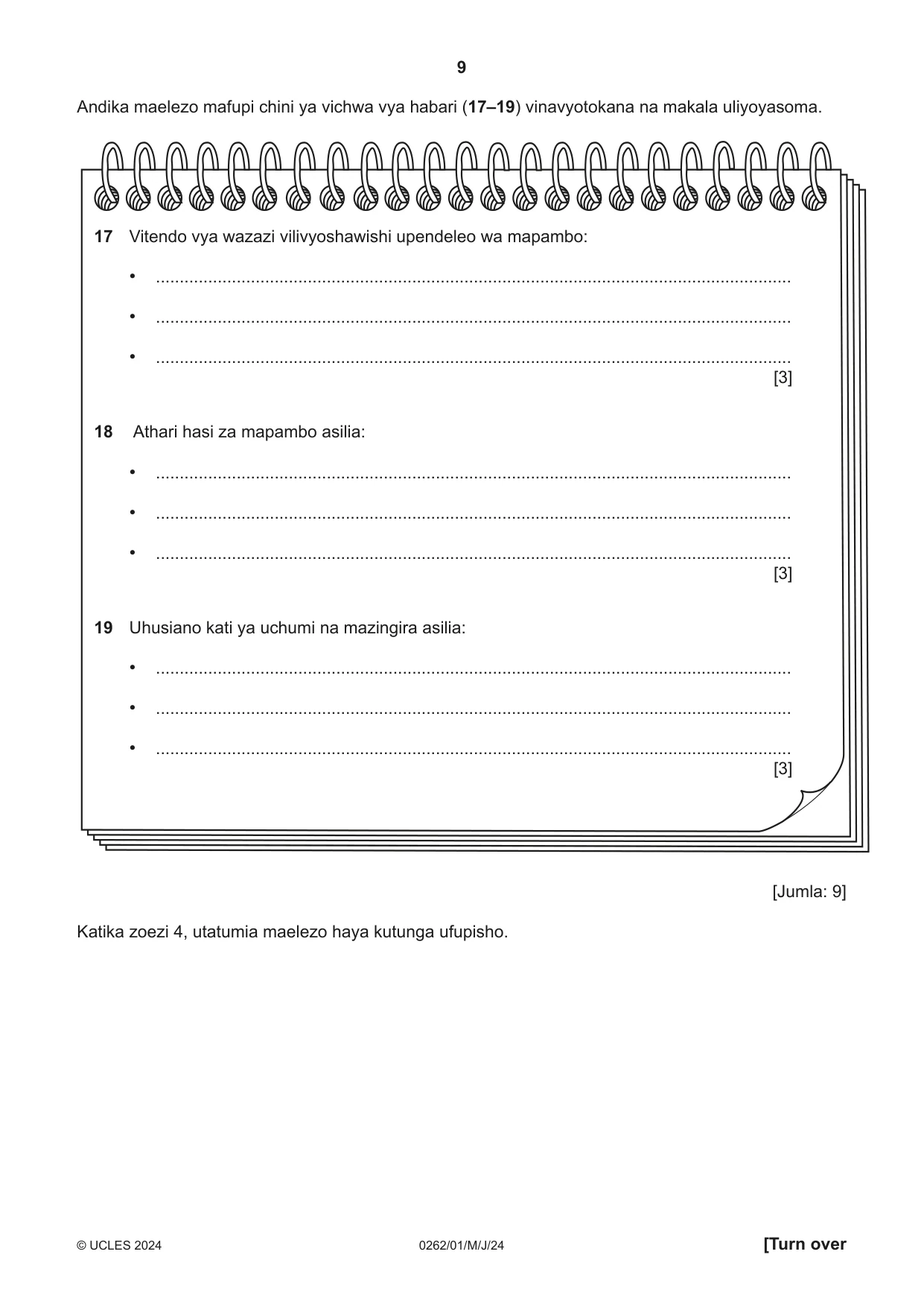Cambridge IGCSE Swahili 0262 2024 May/June Paper 1 · Variant 0 question paper, page 9 of 16