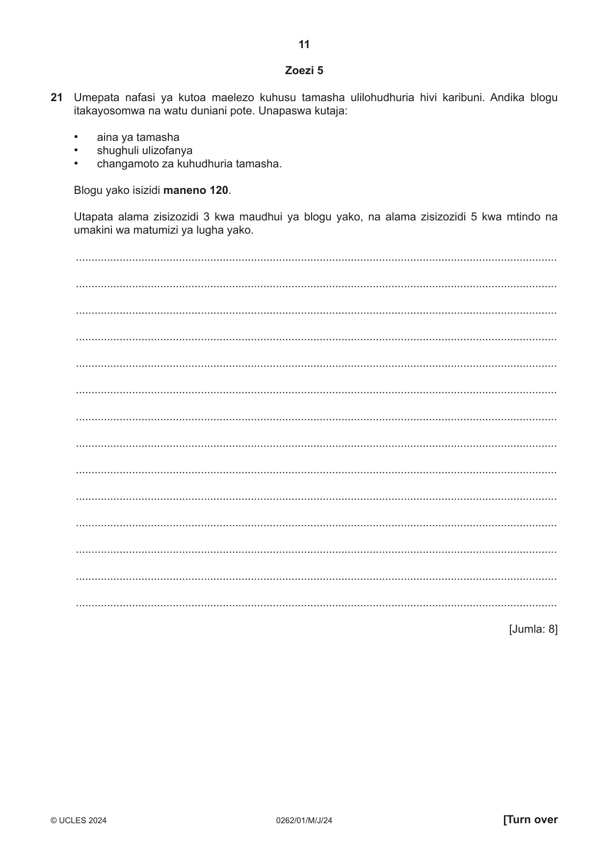Cambridge IGCSE Swahili 0262 2024 May/June Paper 1 · Variant 0 question paper, page 11 of 16