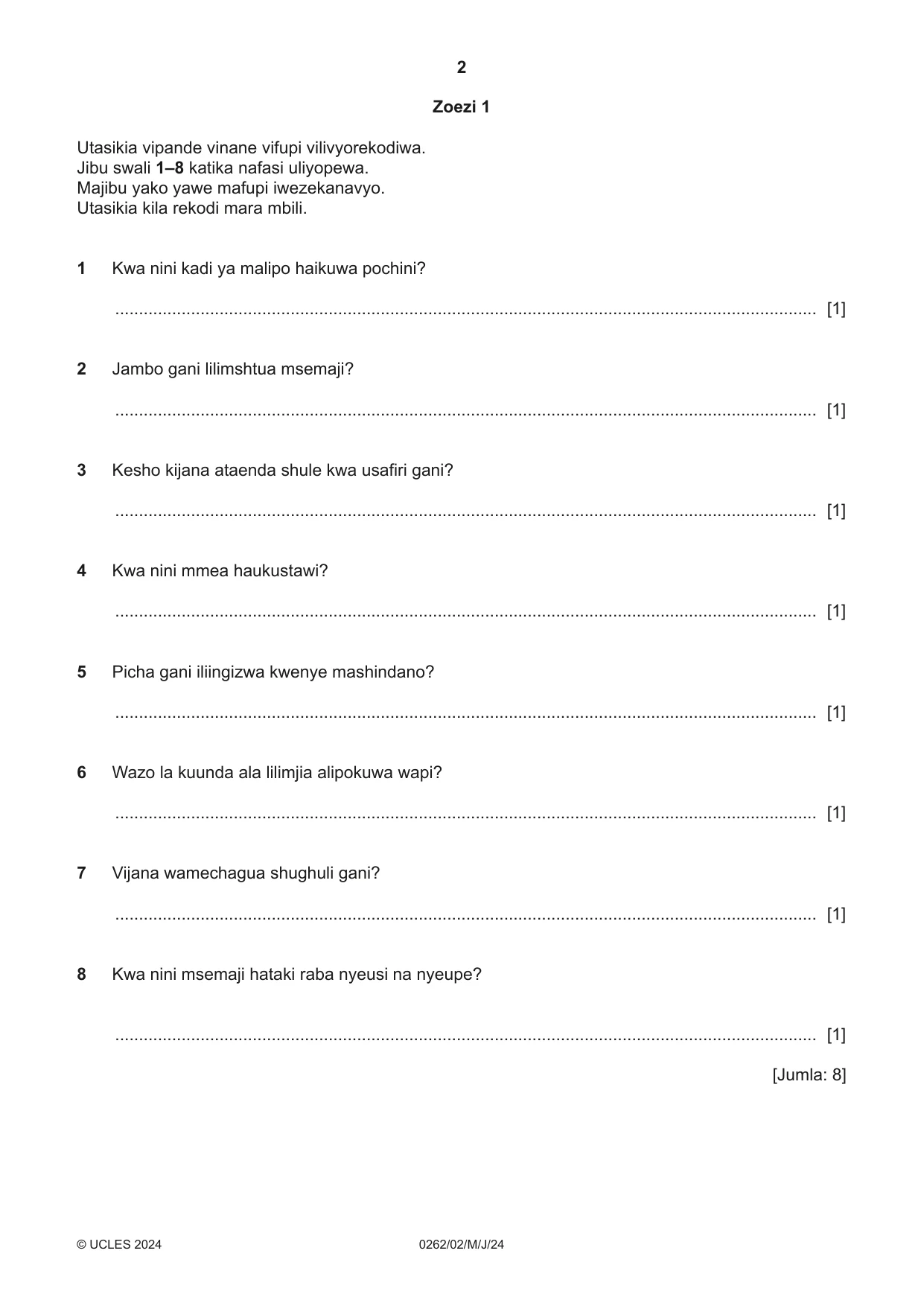 Cambridge IGCSE Swahili 0262 2024 May/June Paper 2 · Variant 0 question paper, page 2 of 8