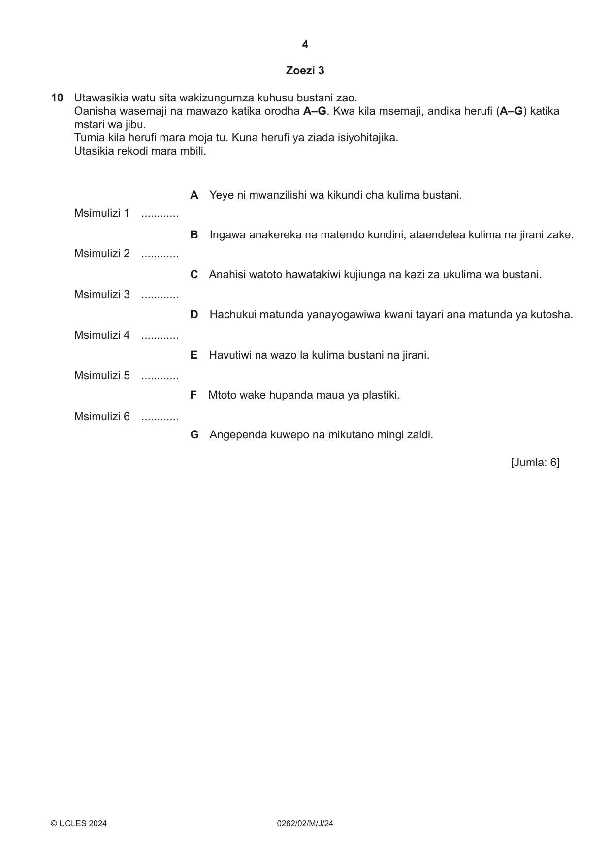 Cambridge IGCSE Swahili 0262 2024 May/June Paper 2 · Variant 0 question paper, page 4 of 8