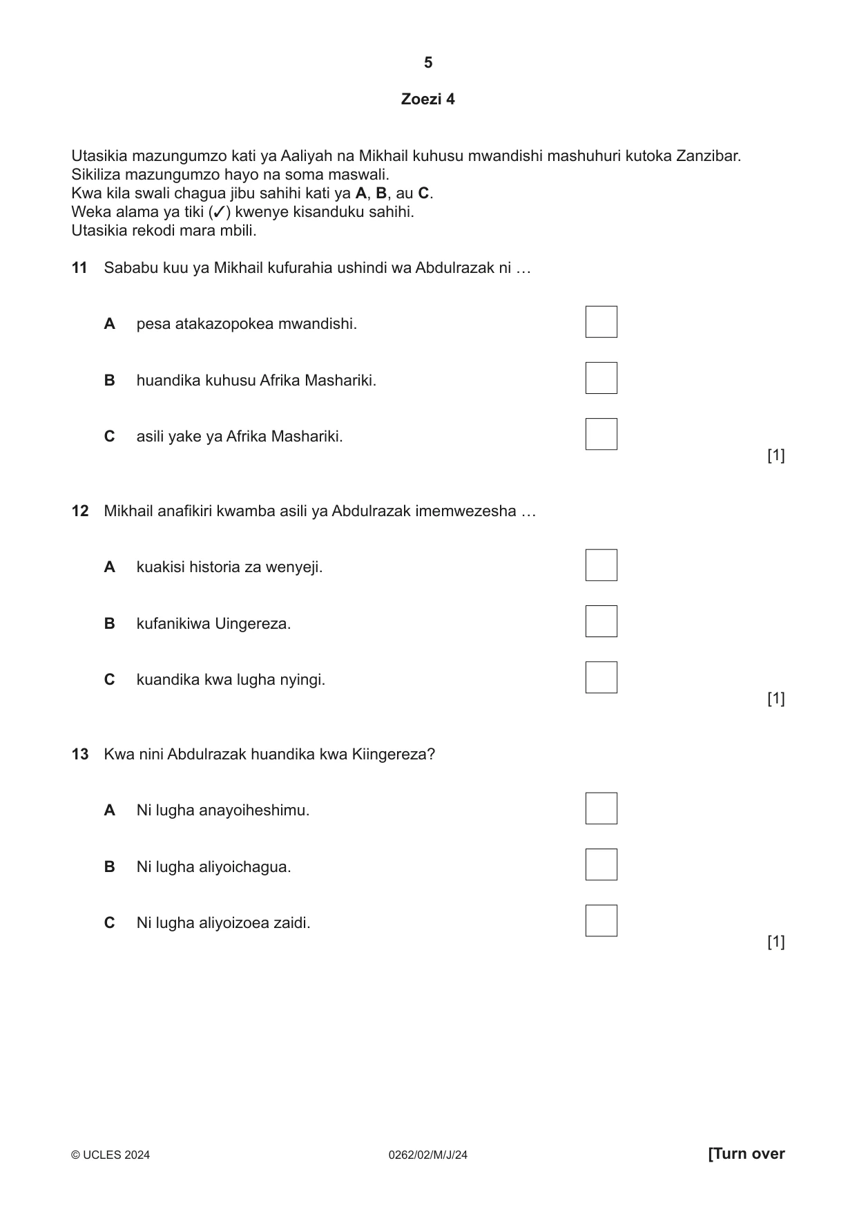 Cambridge IGCSE Swahili 0262 2024 May/June Paper 2 · Variant 0 question paper, page 5 of 8