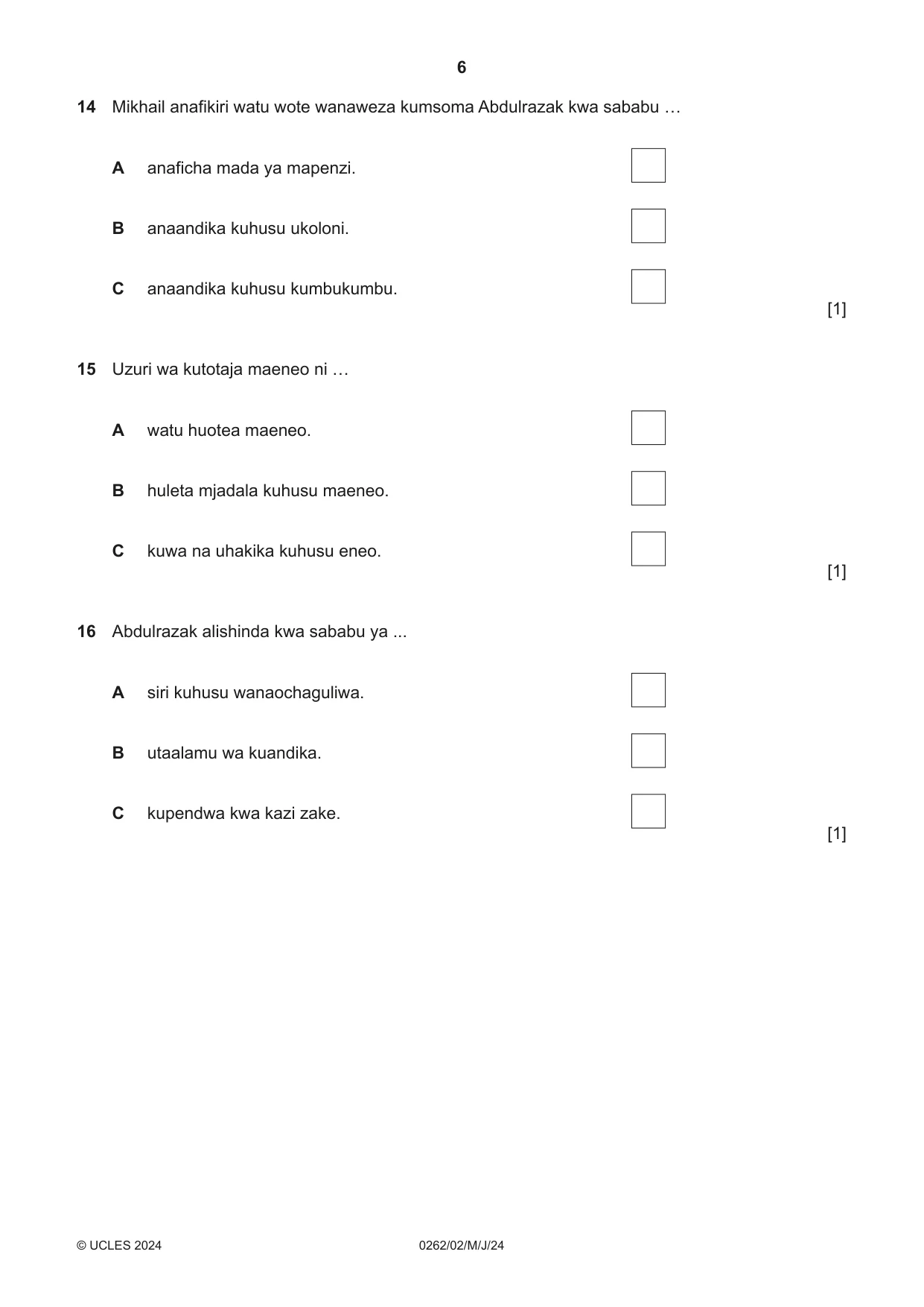 Cambridge IGCSE Swahili 0262 2024 May/June Paper 2 · Variant 0 question paper, page 6 of 8