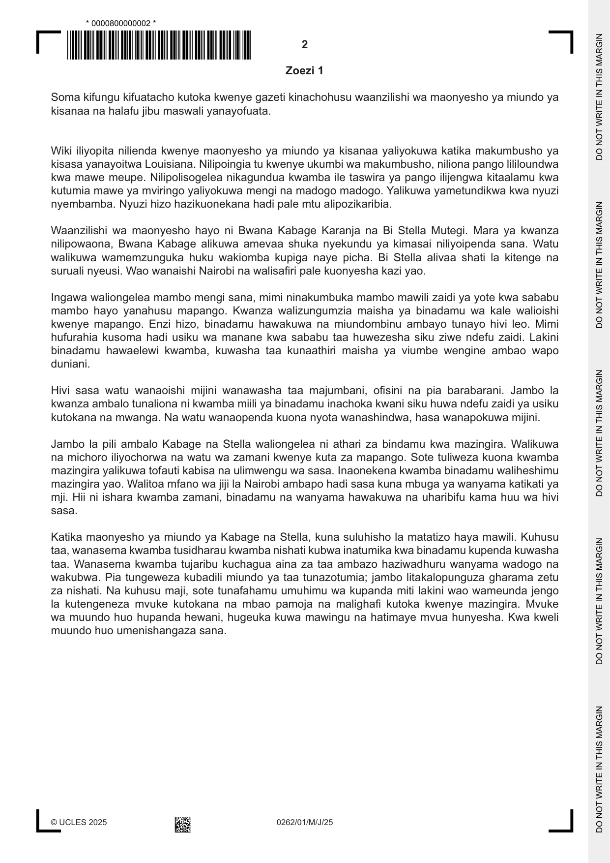 Cambridge IGCSE Swahili 0262 2025 May/June Paper 1 · Variant 0 question paper, page 2 of 16