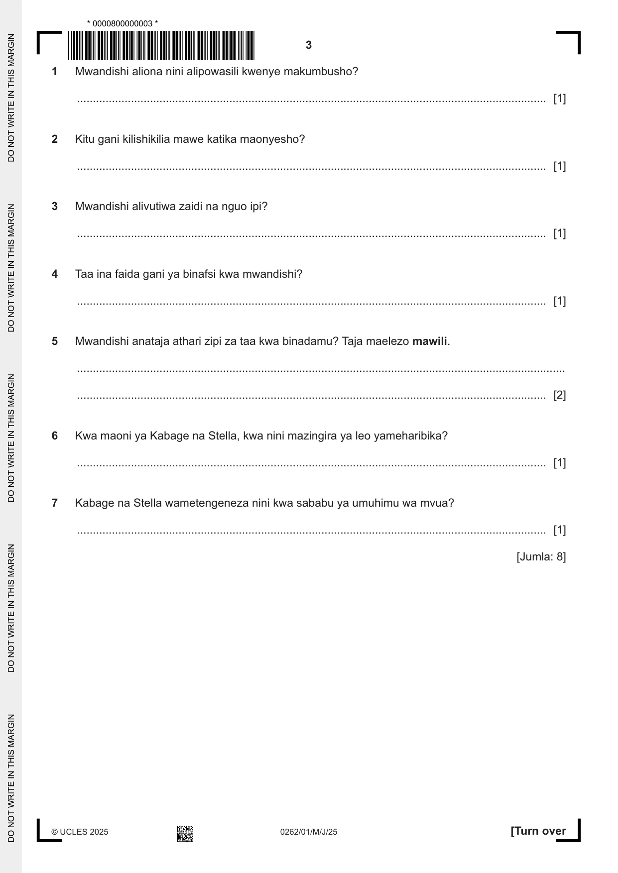 Cambridge IGCSE Swahili 0262 2025 May/June Paper 1 · Variant 0 question paper, page 3 of 16