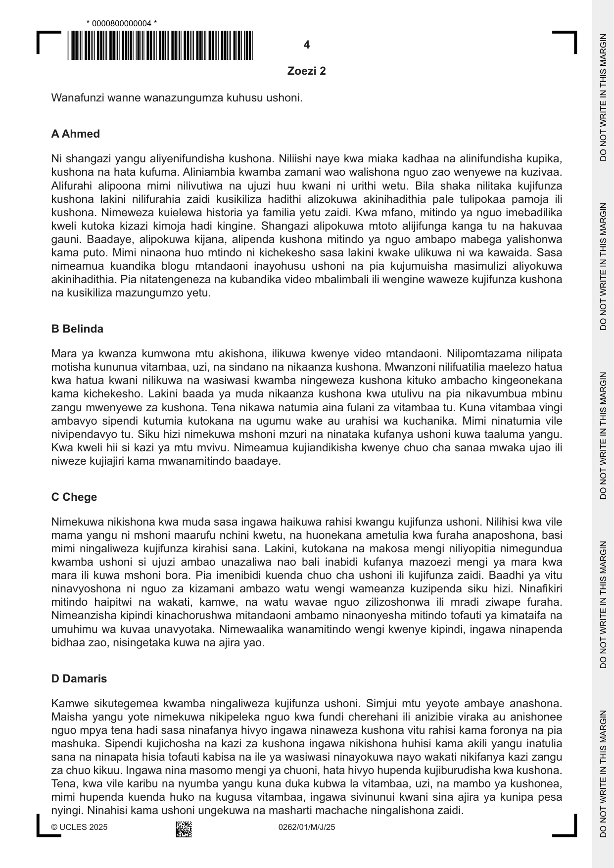 Cambridge IGCSE Swahili 0262 2025 May/June Paper 1 · Variant 0 question paper, page 4 of 16