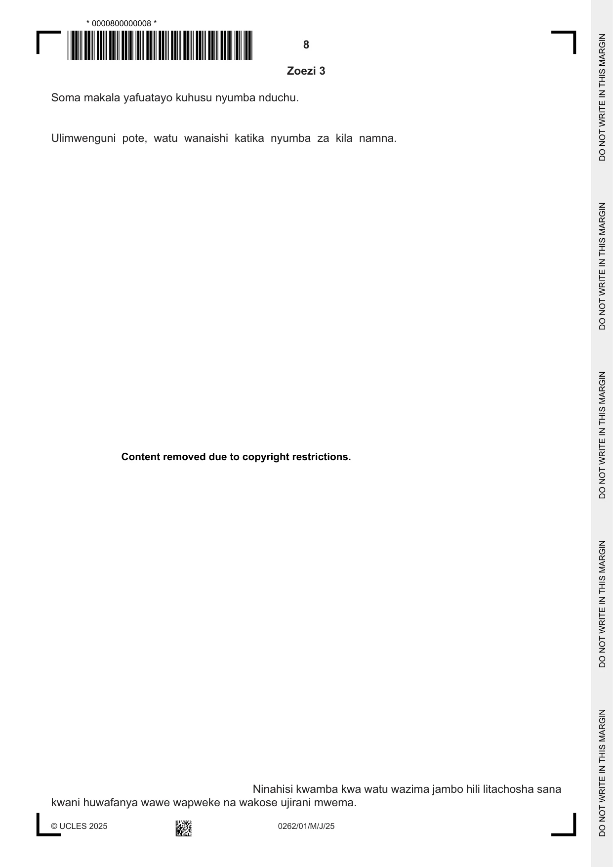 Cambridge IGCSE Swahili 0262 2025 May/June Paper 1 · Variant 0 question paper, page 8 of 16