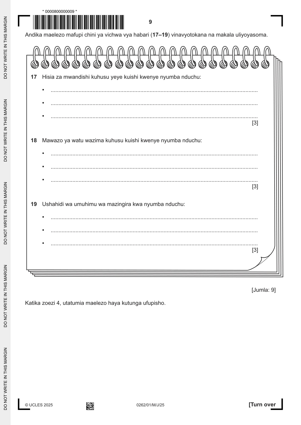 Cambridge IGCSE Swahili 0262 2025 May/June Paper 1 · Variant 0 question paper, page 9 of 16