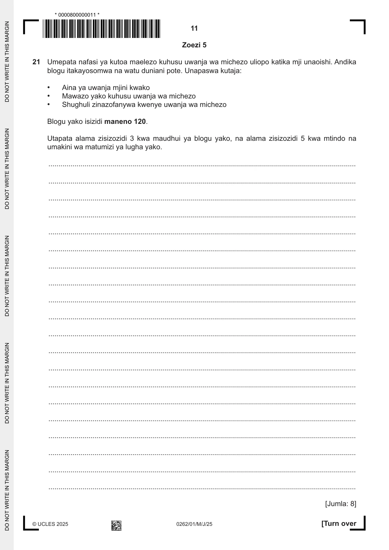 Cambridge IGCSE Swahili 0262 2025 May/June Paper 1 · Variant 0 question paper, page 11 of 16
