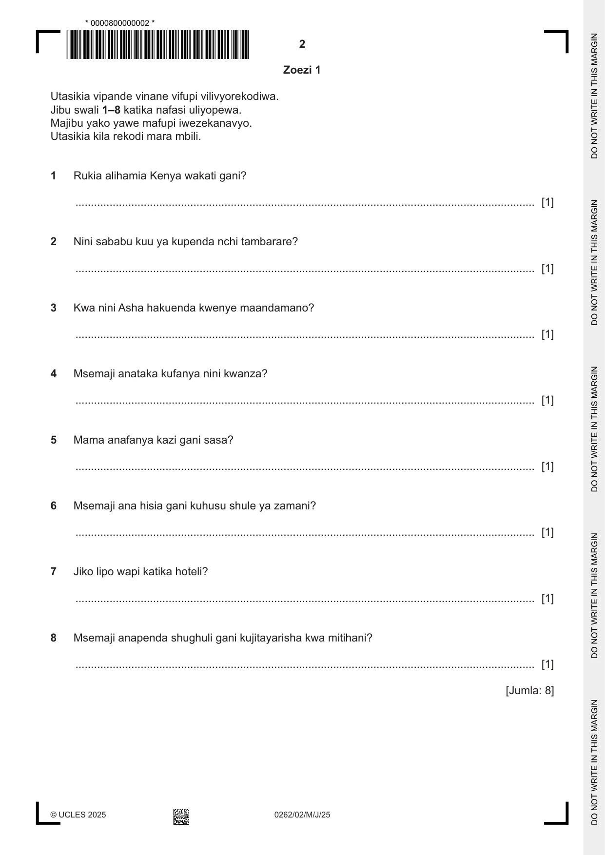 Cambridge IGCSE Swahili 0262 2025 May/June Paper 2 · Variant 0 question paper, page 2 of 8