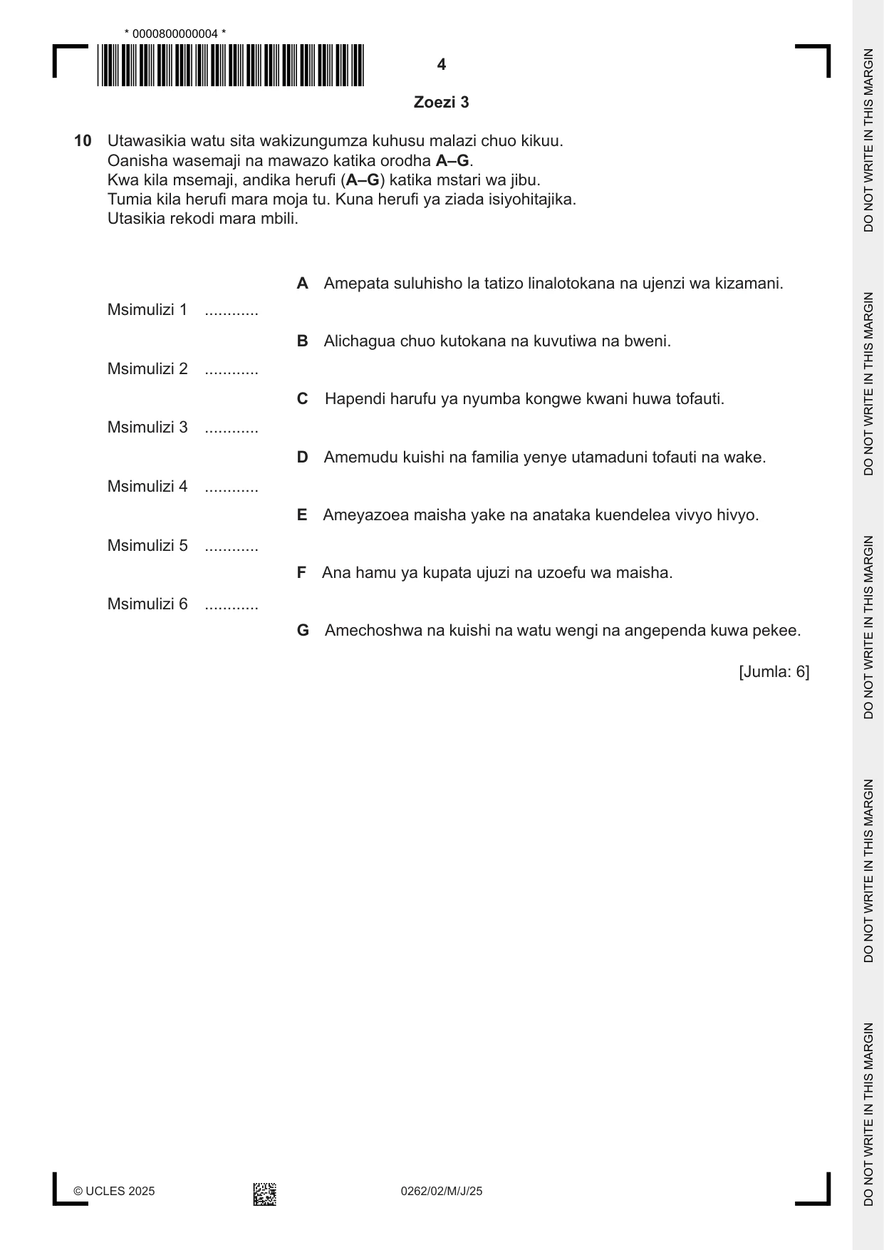 Cambridge IGCSE Swahili 0262 2025 May/June Paper 2 · Variant 0 question paper, page 4 of 8