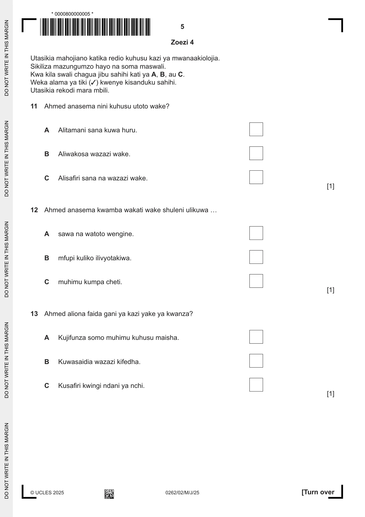 Cambridge IGCSE Swahili 0262 2025 May/June Paper 2 · Variant 0 question paper, page 5 of 8