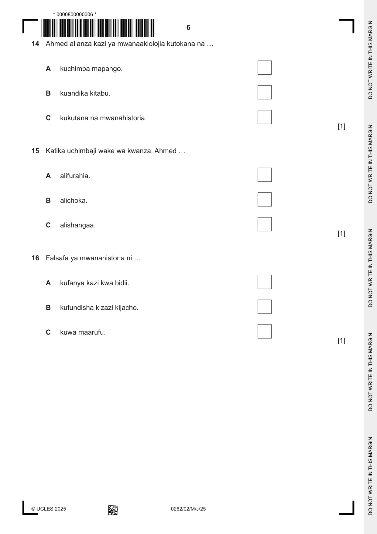 Cambridge IGCSE Swahili 0262 2025 May/June Paper 2 · Variant 0 question paper, page 6 of 8