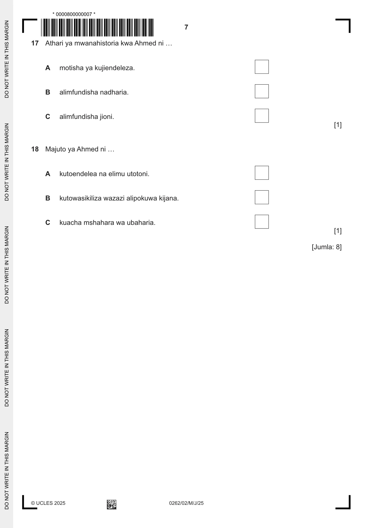 Cambridge IGCSE Swahili 0262 2025 May/June Paper 2 · Variant 0 question paper, page 7 of 8
