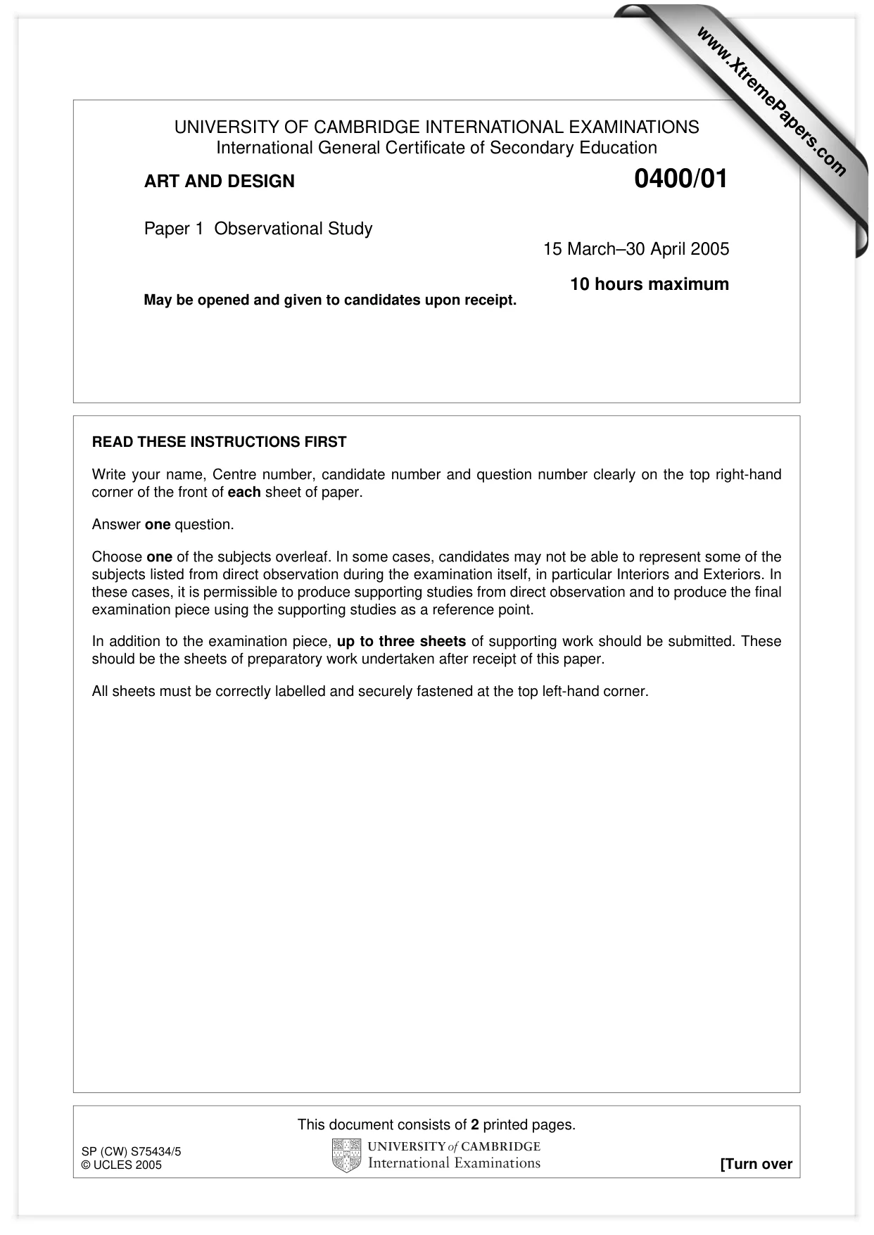 Cambridge IGCSE Art and Design 0400 2005 May/June Paper 1 · Variant 1 question paper, page 1 of 2