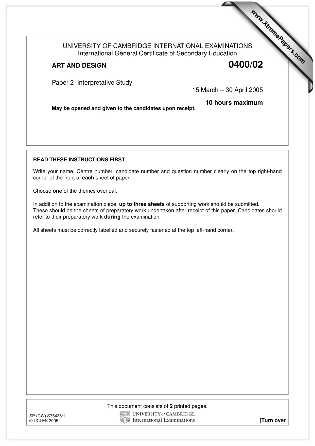 Cambridge IGCSE Art and Design 0400 2005 May/June Paper 2 · Variant 1 question paper, page 1 of 2