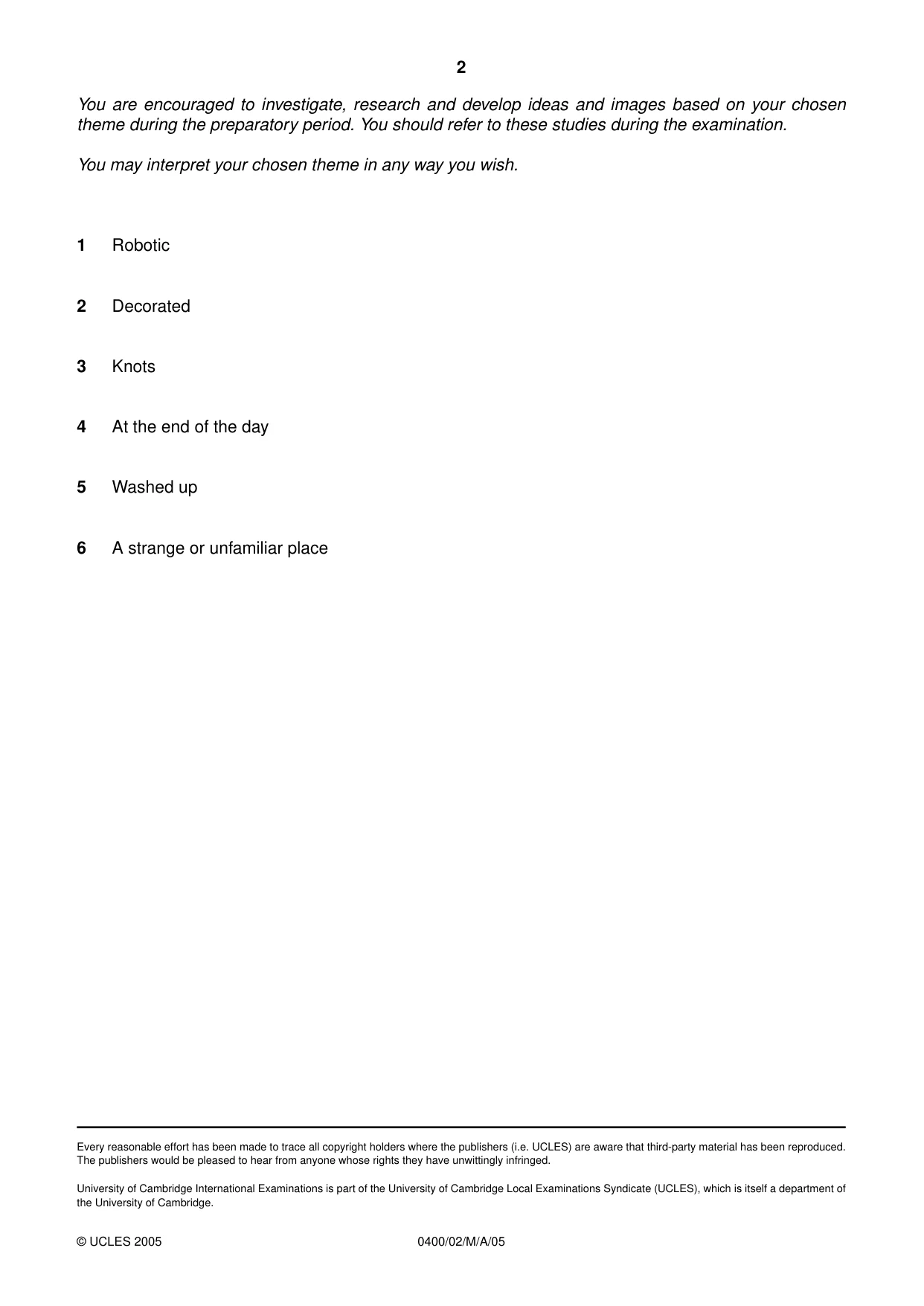 Cambridge IGCSE Art and Design 0400 2005 May/June Paper 2 · Variant 1 question paper, page 2 of 2