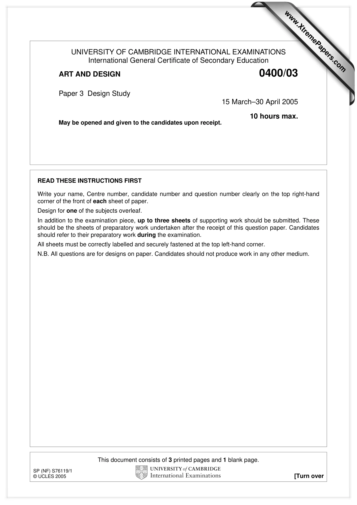 Cambridge IGCSE Art and Design 0400 2005 May/June Paper 3 · Variant 1 question paper, page 1 of 4