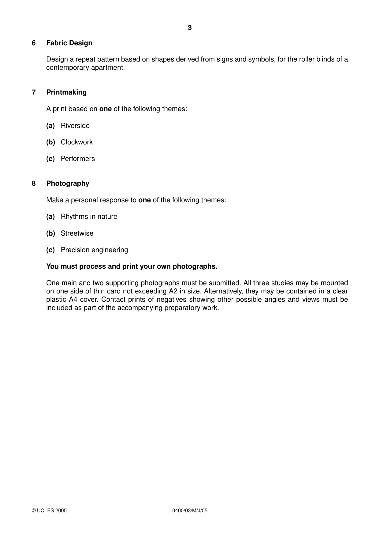 Cambridge IGCSE Art and Design 0400 2005 May/June Paper 3 · Variant 1 question paper, page 3 of 4