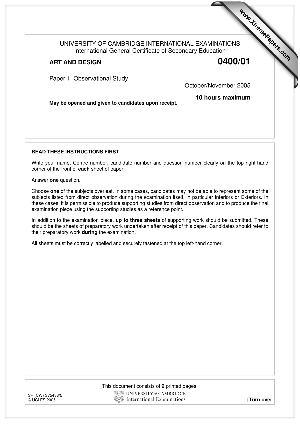 Cambridge IGCSE Art and Design 0400 2005 Oct/Nov Paper 1 · Variant 1 question paper, page 1 of 2