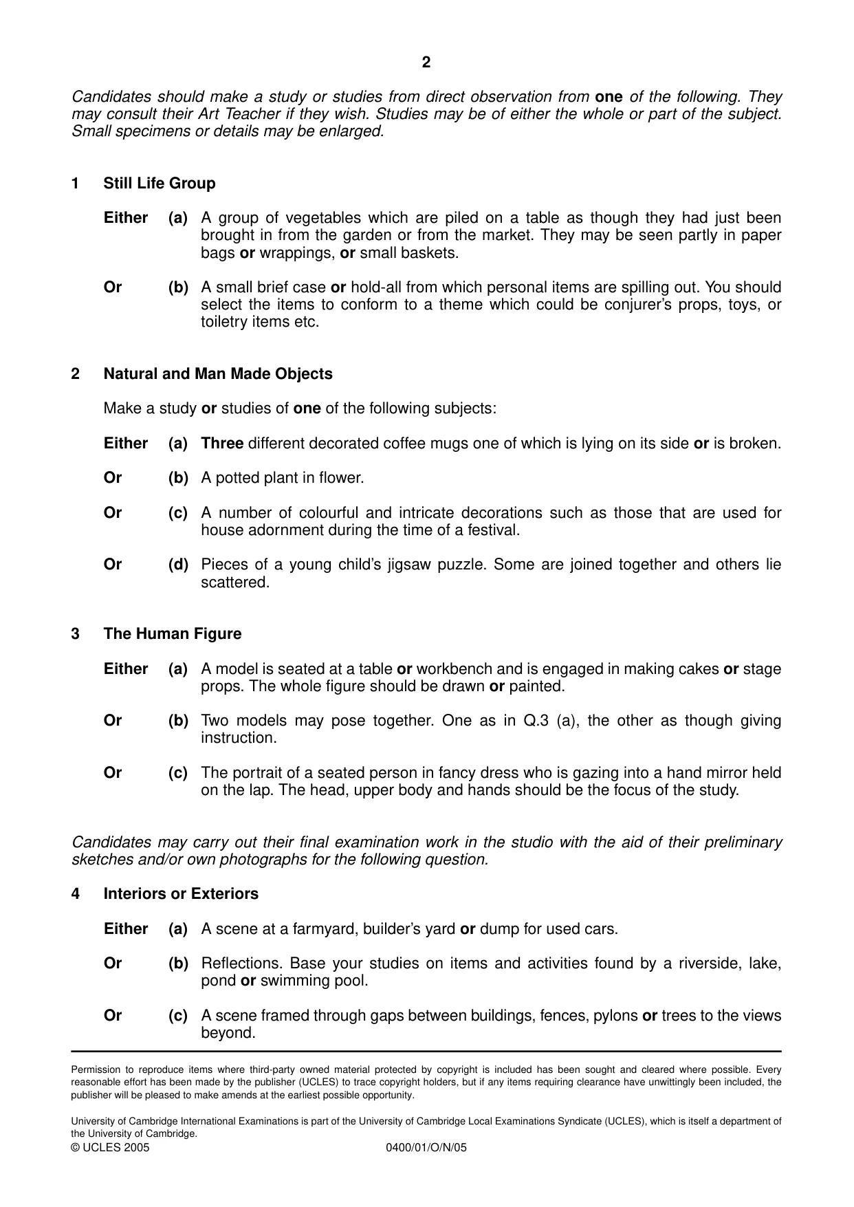 Cambridge IGCSE Art and Design 0400 2005 Oct/Nov Paper 1 · Variant 1 question paper, page 2 of 2