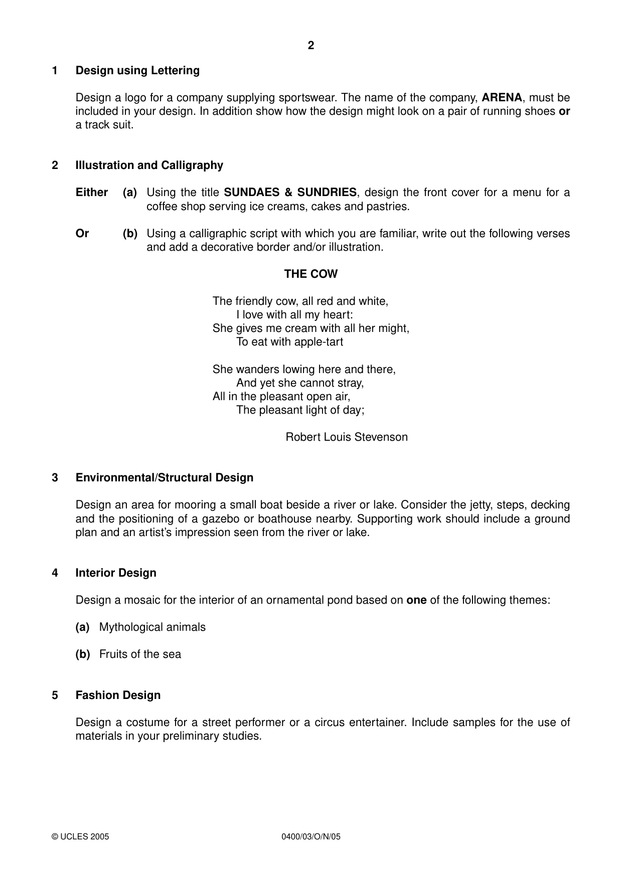 Cambridge IGCSE Art and Design 0400 2005 Oct/Nov Paper 3 · Variant 1 question paper, page 2 of 4
