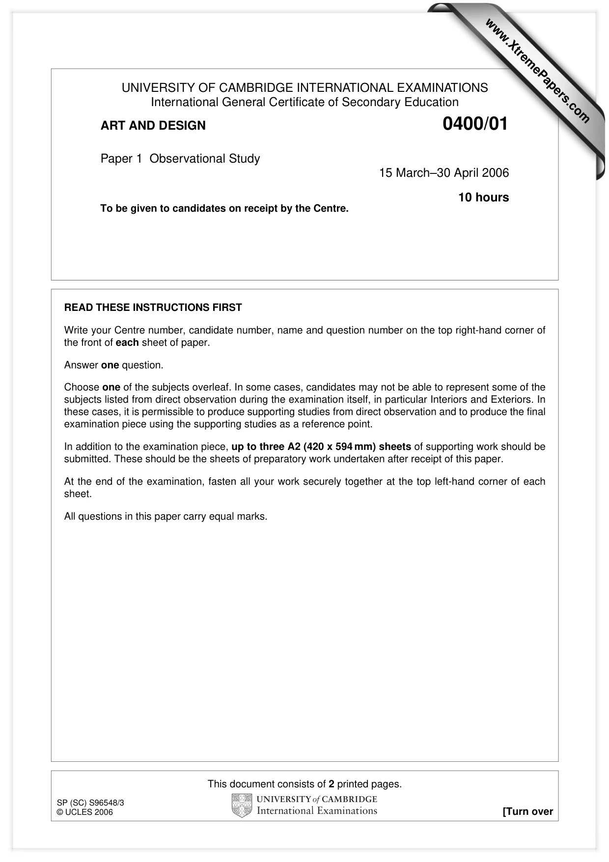 Cambridge IGCSE Art and Design 0400 2006 May/June Paper 1 · Variant 1 question paper, page 1 of 2