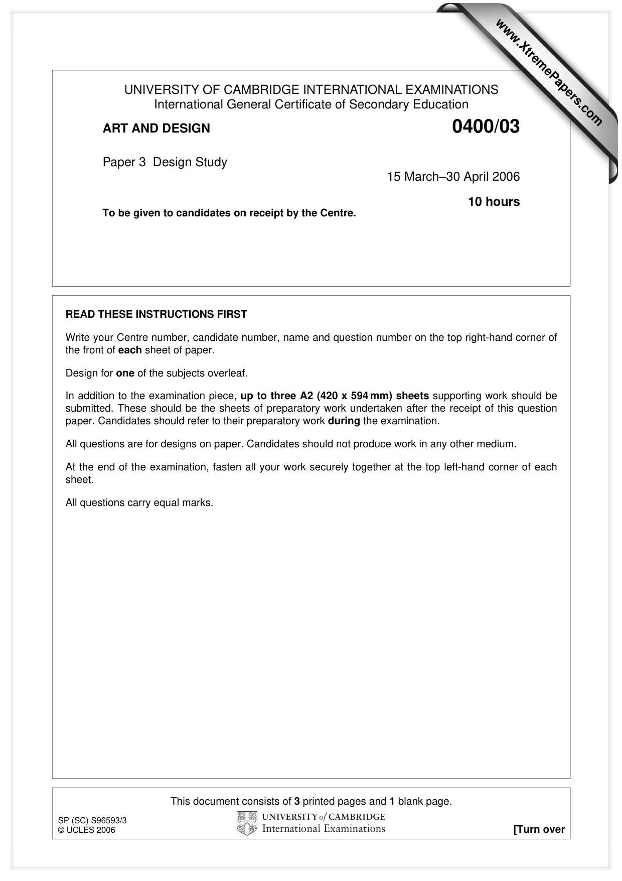 Cambridge IGCSE Art and Design 0400 2006 May/June Paper 3 · Variant 1 question paper, page 1 of 4