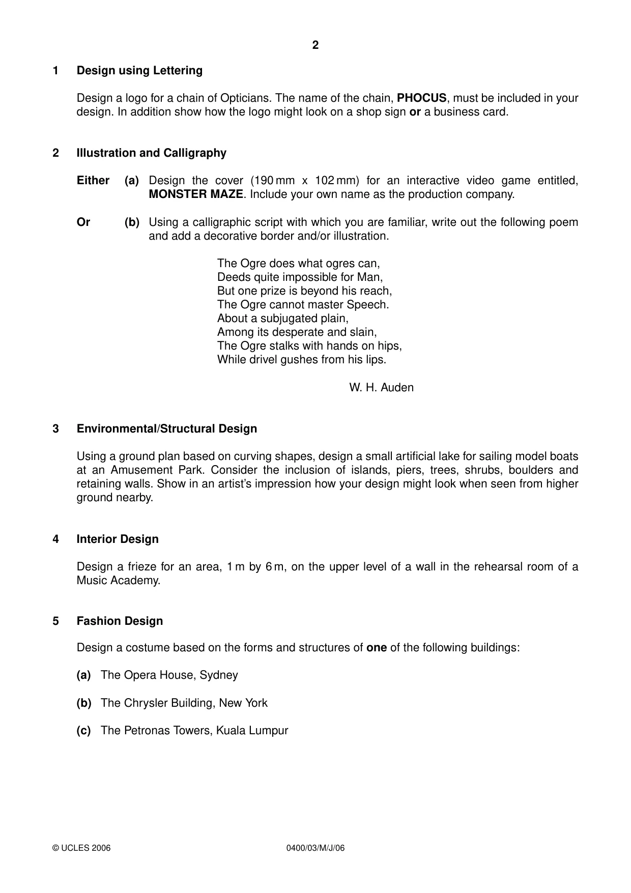Cambridge IGCSE Art and Design 0400 2006 May/June Paper 3 · Variant 1 question paper, page 2 of 4