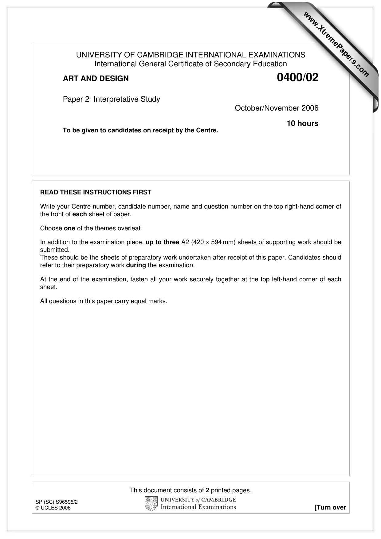 Cambridge IGCSE Art and Design 0400 2006 Oct/Nov Paper 2 · Variant 1 question paper, page 1 of 2