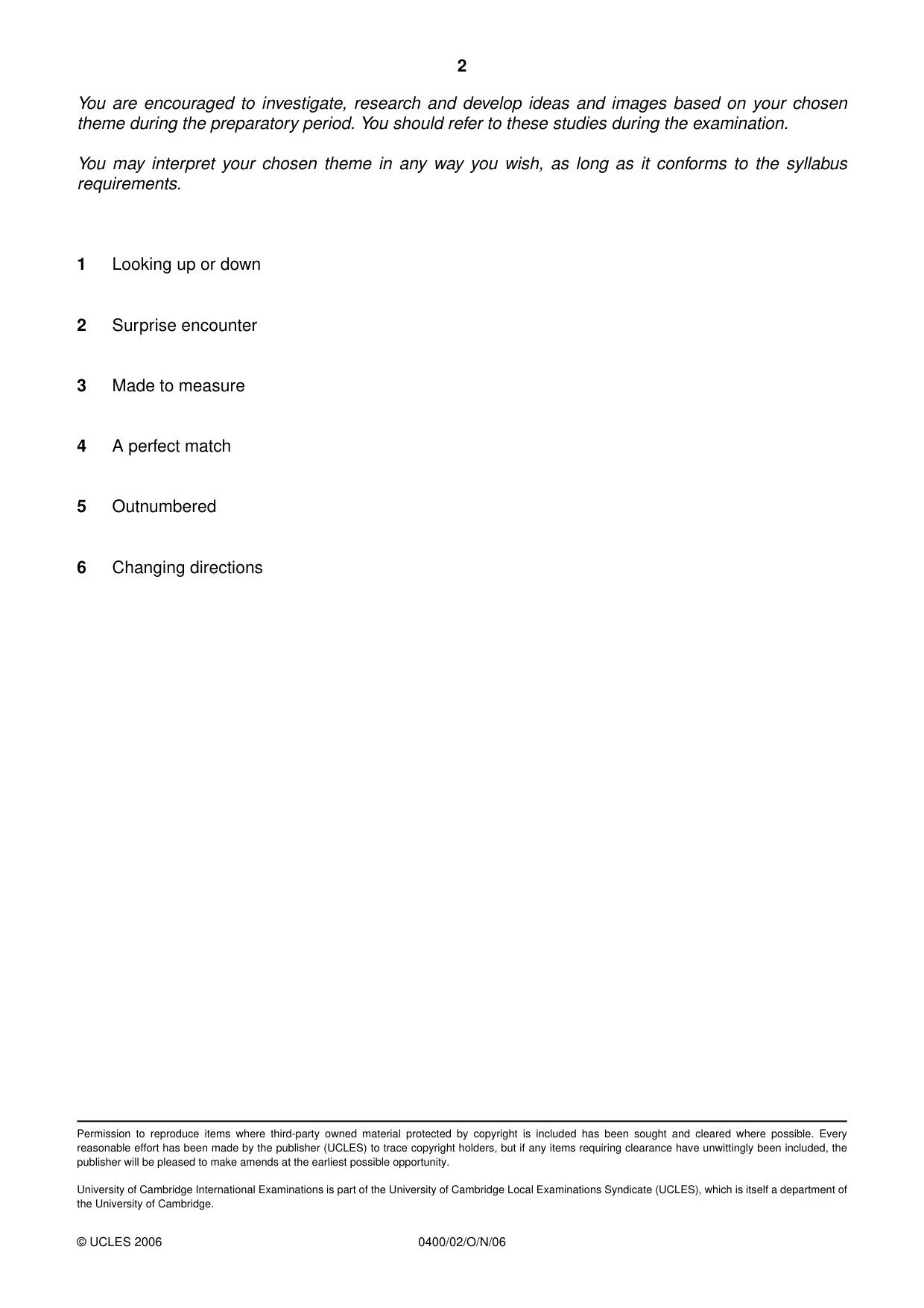 Cambridge IGCSE Art and Design 0400 2006 Oct/Nov Paper 2 · Variant 1 question paper, page 2 of 2