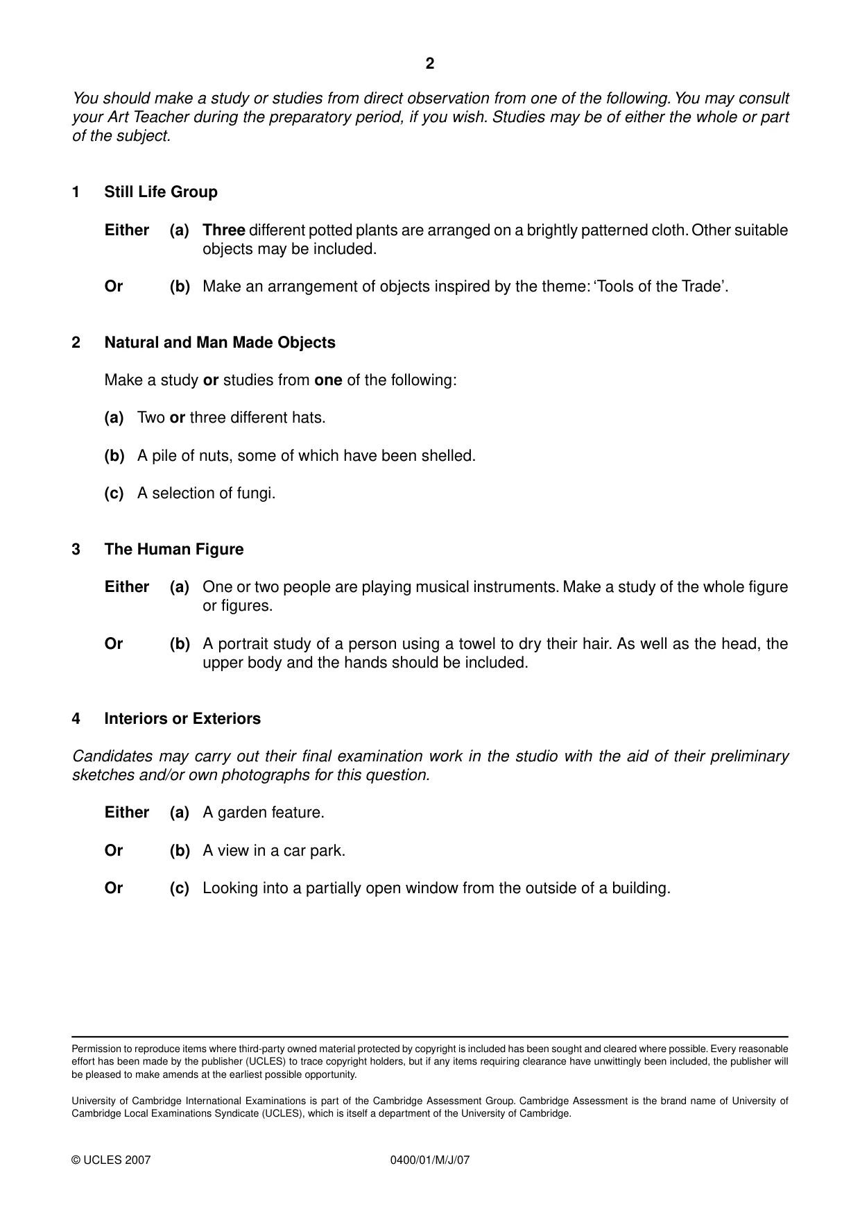 Cambridge IGCSE Art and Design 0400 2007 May/June Paper 1 · Variant 1 question paper, page 2 of 2