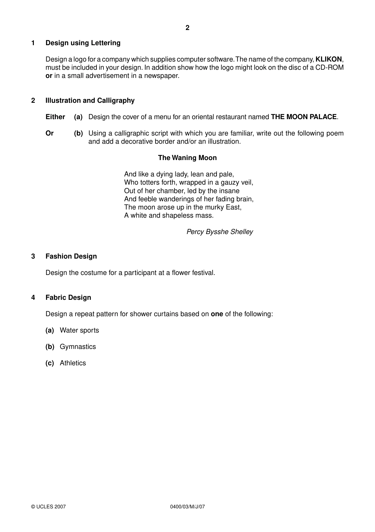 Cambridge IGCSE Art and Design 0400 2007 May/June Paper 3 · Variant 1 question paper, page 2 of 4