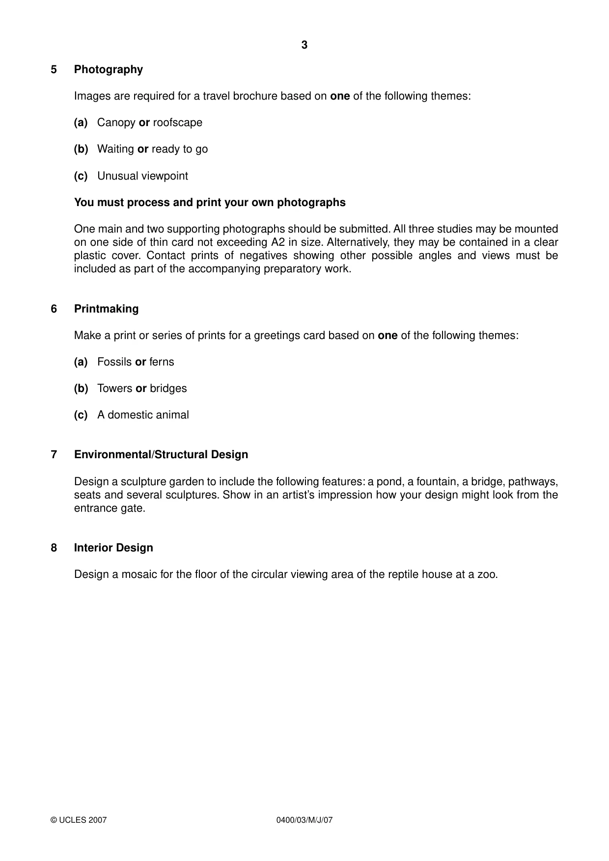 Cambridge IGCSE Art and Design 0400 2007 May/June Paper 3 · Variant 1 question paper, page 3 of 4