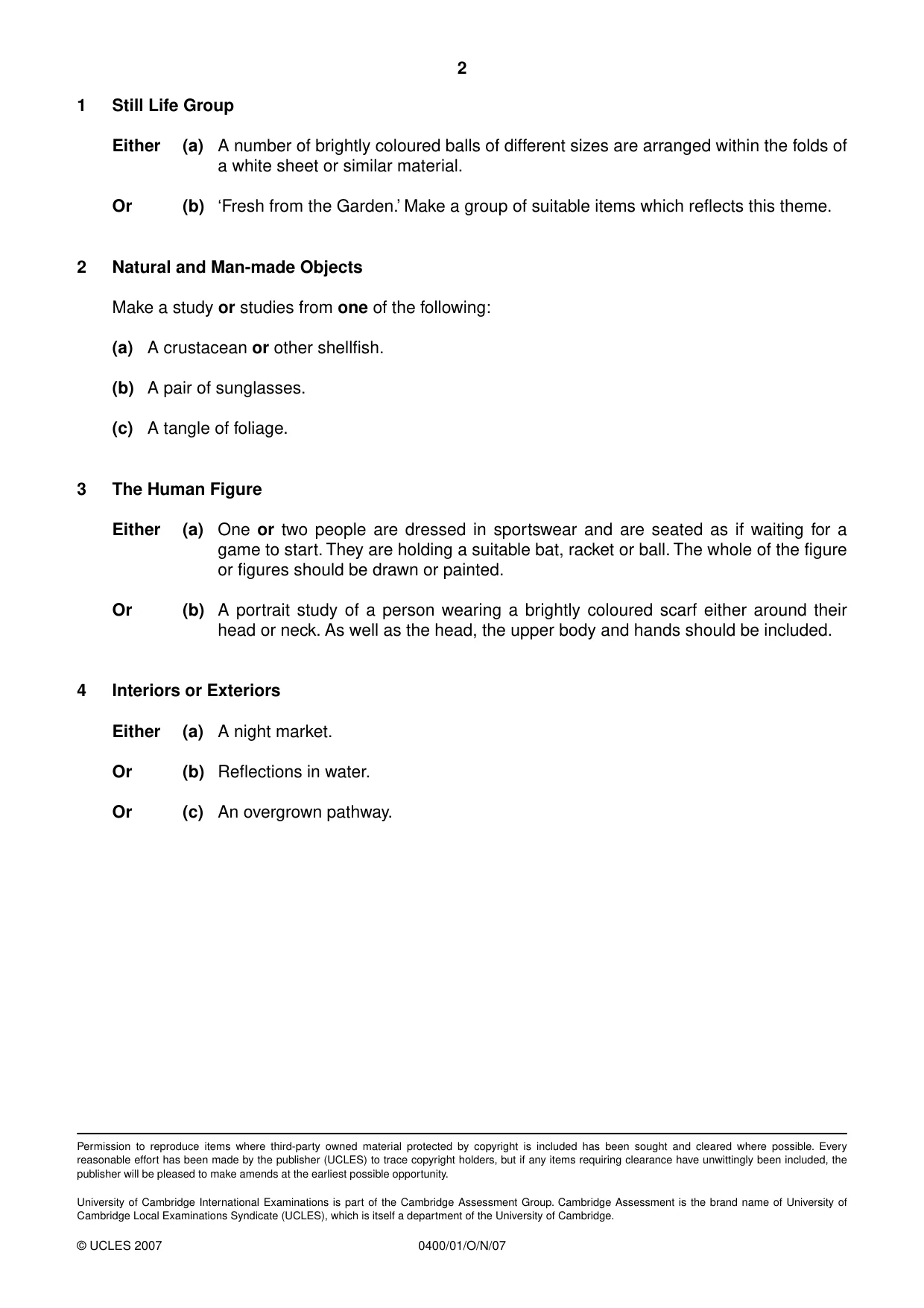 Cambridge IGCSE Art and Design 0400 2007 Oct/Nov Paper 1 · Variant 1 question paper, page 2 of 2