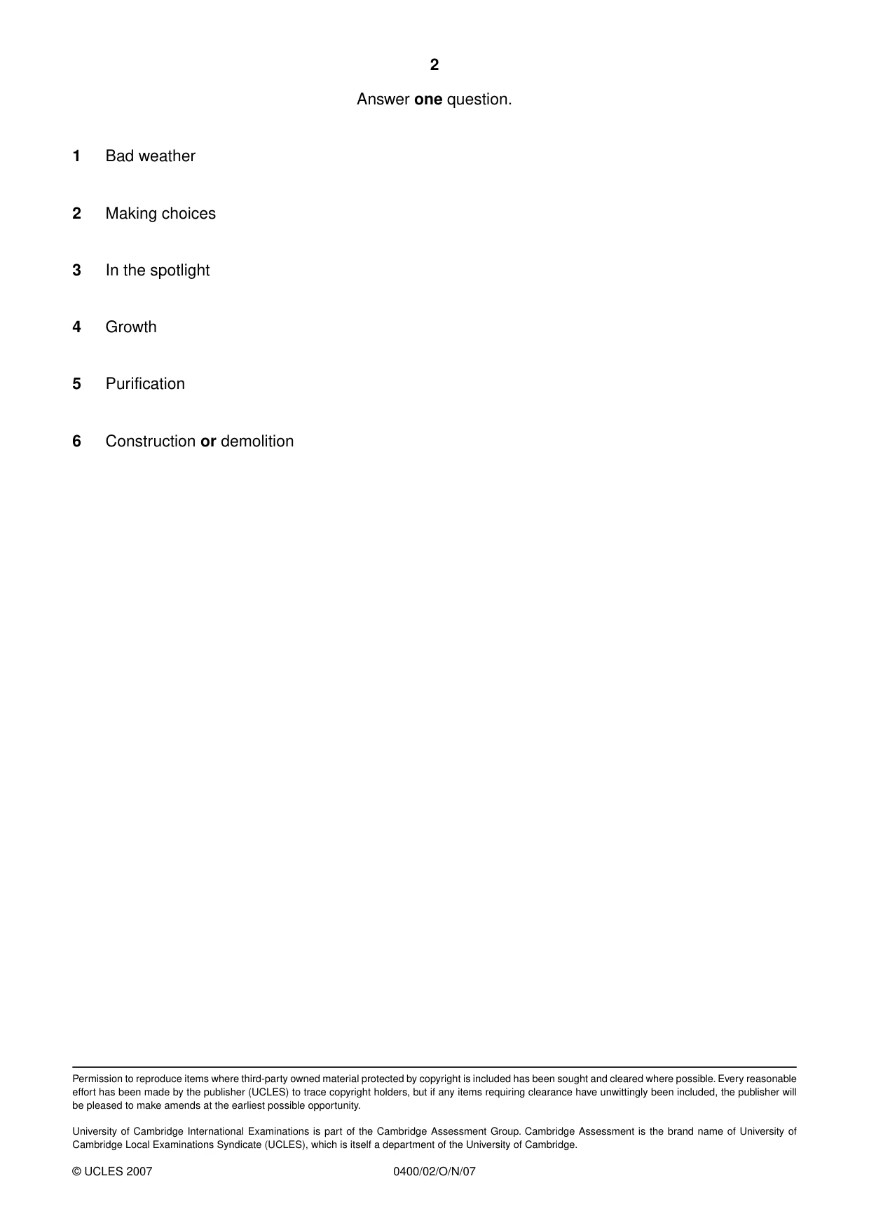 Cambridge IGCSE Art and Design 0400 2007 Oct/Nov Paper 2 · Variant 1 question paper, page 2 of 2