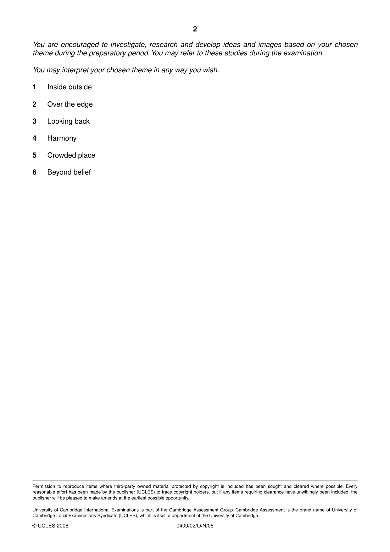 Cambridge IGCSE Art and Design 0400 2008 Oct/Nov Paper 2 · Variant 1 question paper, page 2 of 2